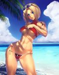  abs beach bikini blonde_hair blue_eyes blue_mary breasts contrapposto day fatal_fury hand_on_hip highres hips large_breasts navel ogami short_hair solo standing sunglasses swimsuit tattoo the_king_of_fighters toned underboob 