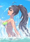  bikini black_hair don_michael fang from_side ganaha_hibiki green_bikini green_eyes idolmaster idolmaster_(classic) long_hair open_mouth partially_submerged ponytail solo swimsuit water wet 