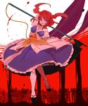  alternate_weapon bad_id bad_pixiv_id breasts cleavage grin hair_bobbles hair_ornament highres large_breasts onozuka_komachi puffy_sleeves purple_eyes red_hair scythe shimana_(cs-ts-az) short_hair short_sleeves smile solo touhou two_side_up weapon 