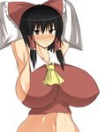  1girl areola_slip areolae armpits arms_behind_head bare_shoulders black_hair breasts curvy detached_sleeves erect_nipples female hair_ornament hair_ribbon hair_tubes hakurei_reimu hands_behind_head huge_breasts japanese_clothes miko musuka_(muska) navel red_eyes ribbon short_hair sideboob simple_background solo standing touhou upper_body white_background 