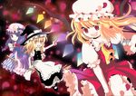  apron ascot blonde_hair book bow braid broom crescent crystal flandre_scarlet hair_bow hat kirisame_marisa long_hair long_skirt mary_janes multiple_girls open_mouth patchouli_knowledge petals puffy_sleeves purple_eyes purple_hair red_eyes shimesabasushi shoes short_hair short_sleeves side_braid single_braid skirt touhou very_long_hair wings witch_hat yellow_eyes 