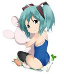  aqua_eyes aqua_hair bad_id bad_pixiv_id carrot competition_school_swimsuit hatsune_miku hug indian_style looking_back one-piece_swimsuit short_twintails simple_background sitting solo spring_onion stuffed_animal stuffed_bunny stuffed_toy swimsuit tamakorogashi tears thighhighs towel twintails unhappy vocaloid white_background younger 