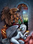  anthro avian beak bird breasts castle clothed clothing couple cup duo eagle female half-dressed inside lying male megan_giles muscles nude pecs pillow shield sword topless weapon window wings 