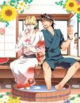  2boys barnaby_brooks_jr blonde_hair brown_eyes brown_hair eating facial_hair flower food green_eyes ice_cream ichitaka japanese_clothes kaburagi_kaede kaburagi_t_kotetsu kimono multiple_boys popsicle shaved_ice sitting soaking_feet stubble summer sunflower tiger_&amp;_bunny 