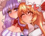  bad_id bad_pixiv_id blonde_hair breasts cleavage closed_eyes demekyon face flandre_scarlet hat heart hug large_breasts long_hair multiple_girls patchouli_knowledge purple_eyes purple_hair short_hair side_ponytail smile touhou yuri 