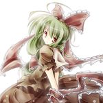  alternate_eye_color arm_ribbon arms_behind_back bad_id bad_pixiv_id bow frills front_ponytail green_hair hair_bow hair_ornament hair_ribbon hands_together itsutsuki kagiyama_hina long_hair looking_at_viewer looking_back open_mouth own_hands_together red_eyes ribbon short_sleeves simple_background solo touhou white_background 