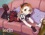  bad_id bad_pixiv_id black_gloves brown_eyes brown_hair couch fang fingerless_gloves gloves hairband idolmaster idolmaster_(classic) long_hair lying minase_iori my_dear_vampire on_stomach peru_(tokyoska4592) print_legwear shoes spider_web_print stuffed_animal stuffed_bunny stuffed_toy thighhighs 