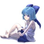  alternate_costume barefoot blue_eyes blue_hair blush bow cirno eno_(whiskeyne) full_body hair_bow shadow short_hair shorts sitting solo tank_top touhou transparent_background 