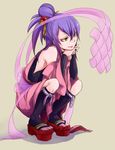  amane_nishiki bare_shoulders blazblue blazblue:_chronophantasma detached_sleeves eyeshadow geta green_eyes hair_ornament hair_stick half_updo japanese_clothes long_hair makeup male_focus nakasaka_sakana otoko_no_ko purple_hair simple_background smile solo squatting 