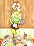  cafe clothing cup female hair lagomorph long_hair mammal megan_giles napkin pencil rabbit skirt solo table waiter 