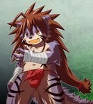  abstract_background bandage blue_fur brown_eyes brown_hair bulge clothed clothing ear_piercing fur hair long_hair male markings open_mouth piercing raitei666 skimpy solo topless underwear unknown_species 
