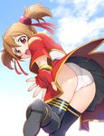  ass blurry brown_hair cloud day depth_of_field fingerless_gloves from_behind gloves hair_ribbon open_mouth panties pantyshot red_eyes ribbon short_twintails silica sky solo surprised sword_art_online thighhighs twintails ueyama_michirou underwear upskirt white_panties 