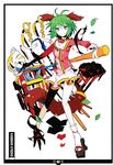  absurdres black_border border character_name collar dog_collar full_body green_eyes green_hair highres ideolo kasodani_kyouko leaf long_sleeves miniskirt mismatched_legwear pleated_skirt scan short_hair skirt smile solo touhou 