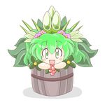  bamboo blush bucket flower food fruit grapes green_eyes green_hair hair_ornament highres in_bucket in_container kisume leaf open_mouth plant ruto5102 short_hair solo touhou twintails wooden_bucket 