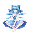  barefoot blue_eyes blue_hair bow cirno clenched_hands dawadawa_dawasa fang food full_body hair_bow highres ice ice_wings popsicle short_hair simple_background sitting solo strap_slip touhou white_background wings 