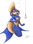  female fish hook marine megan_giles plain_background solo surprise water white_background 