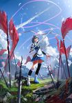  absurdres bad_id bad_pixiv_id battlefield blurry cloud day depth_of_field dress flag grass hair_tubes highres kneehighs lu_ying luo_tianyi mismatched_footwear mismatched_legwear petals planted_sword planted_weapon silver_hair single_kneehigh single_thighhigh sky smile solo sword thighhighs vocaloid vocanese weapon 