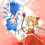  aaaabo arm_behind_back ascot bad_id bad_pixiv_id blonde_hair blue_eyes blue_hair bow cirno colored_eyelashes dress fairy_wings finger_in_mouth flandre_scarlet hair_bow hat hat_ribbon highres ice ice_wings laevatein looking_at_viewer midriff multiple_girls navel open_mouth red_eyes red_string ribbon shirt short_sleeves side_ponytail skirt skirt_set smile string thread touhou upside-down wings 