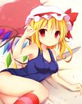  bad_id bad_pixiv_id bare_shoulders blonde_hair breasts competition_swimsuit flandre_scarlet hat kneehighs looking_at_viewer lying medium_breasts on_side one-piece_swimsuit pillow red_eyes school_swimsuit short_hair side_ponytail solo striped striped_legwear swimsuit touhou uguisu_mochi_(ykss35) wings 