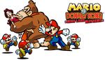  1girl 2boys angry blue_eyes brown_hair clothes donkey_kong dress facial_hair logo mario mario_(series) mario_vs_donkey_kong mini_mario multiple_boys mustache necktie nintendo official_art original overalls pauline plain_background super_mario_bros. suspenders tie toy toys white_background 