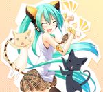  aqua_hair ayatudura bad_id bad_pixiv_id cat cat_tail closed_eyes hatsune_miku highres long_hair necktie open_mouth paw_pose skirt solo tail thighhighs twintails very_long_hair vocaloid 