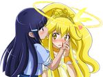  aoki_reika blonde_hair blood blue_eyes blue_hair blush commentary_request couple cure_peace dress hair_flaps hair_tubes halo hand_on_another's_cheek hand_on_another's_face kise_yayoi licking long_hair magical_girl multiple_girls nosebleed precure princess_form_(smile_precure!) smile_precure! suzushiro_yukari tongue yellow_dress yellow_eyes yuri 