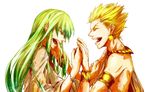  bad_id bad_pixiv_id blonde_hair bracelet earrings enkidu_(fate/strange_fake) fate/strange_fake fate_(series) gilgamesh green_hair jewelry laughing long_hair multiple_boys necklace toga zino 