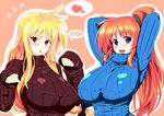  2girls arms_behind_head blonde_hair blue_eyes blush breasts erect_nipples fate_testarossa female hands_behind_head heart highres huge_breasts large_breasts long_hair lyrical_nanoha mahou_shoujo_lyrical_nanoha multiple_girls oisinbou open_mouth orange_eyes orange_hair ponytail purple_eyes red_eyes simple_background standing sweater takamachi_nanoha teana_lanster turtleneck upper_body 