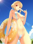  bangs bare_shoulders bikini blonde_hair blunt_bangs breasts cleavage cloud cowboy_shot cygnus_(cygnus7) day dripping eating flower food hair_bun hair_ribbon holding innertube large_breasts lens_flare licking looking_at_viewer looking_down messy nail_polish navel neck_ribbon original outdoors pinky_out popsicle red_eyes ribbon sky slingshot_swimsuit solo strap_gap sun swimsuit tongue tongue_out white_bikini wristband 