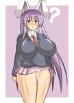  1girl :o ? animal_ears breasts breath bunny_ears female huge_breasts long_hair miniskirt musuka_(muska) necktie no_panties open_mouth purple_hair pussy pussy_peek red_eyes reisen_udongein_inaba shirt simple_background skirt skirt_flip solo standing sweat thighs tie touhou uncensored very_long_hair 
