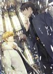  blonde_hair broken_glass brown_eyes brown_hair cassock church coat cross cross_necklace fate/stay_night fate_(series) fur_trim gilgamesh glass highres jewelry kotomine_kirei male_focus multiple_boys necklace red_eyes rui_yuda 