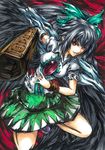  arm_cannon armband bad_id bad_pixiv_id bird_wings black_hair black_wings bow breasts gibagiba grin kneeling large_breasts long_hair red_eyes reiuji_utsuho shoes skirt smile solo third_eye torn_clothes touhou traditional_media weapon wings 