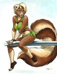  bikini blonde_hair brown_eyes clothed clothing diving_board female hair jewelry kappy_(character) mammal megan_giles piercing plain_background red_panda sitting skimpy skunk solo swimsuit 