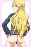  1girl artist_request ass blonde_hair blue_eyes bottomless censored earrings goriate hand_on_hip hips jewelry kimura_kaere long_hair looking_back sayonara_zetsubou_sensei solo 