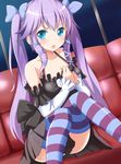  :o bare_shoulders blue_eyes blush bow detached_sleeves hair_bow long_hair looking_at_viewer ok-ray original purple_hair skirt solo striped striped_legwear thighhighs twintails v-shaped_eyebrows yukaribe_setsuko 