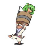  animal bucket carrying cat felyne goggles green_eyes green_hair hair_bobbles hair_ornament hat in_bucket in_container kakinoki_mikan_(kari) kisume monster_hunter open_mouth touhou twintails white_background wooden_bucket 