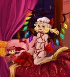  bare_shoulders bat_wings bed blonde_hair blush character_doll flandre_scarlet flat_chest hat highres indoors koung_(looofa) naked_ribbon night red_eyes remilia_scarlet ribbon short_hair side_ponytail smile solo touhou window wings 