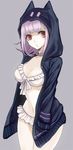  bikini breasts cleavage danganronpa frilled_bikini frills front-tie_top hands_in_pockets hood hoodie medium_breasts nanami_chiaki nanamura navel purple_hair red_eyes short_hair simple_background solo super_danganronpa_2 swimsuit white_bikini 