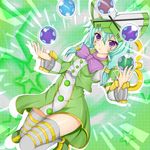  akua1117 bow braid dress duel_monster green_hair personification purple_eyes ribbon thighhighs windup windup_juggler yu-gi-oh! yuu-gi-ou_duel_monsters 