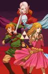  2girls bad_id bad_pixiv_id black_eyes blonde_hair blue_eyes cape dress earrings fi ghirahim hair_tubes hat jewelry k-rei link long_hair multiple_boys multiple_girls no_legwear pointy_ears princess_zelda sword the_legend_of_zelda the_legend_of_zelda:_skyward_sword triforce weapon white_hair 