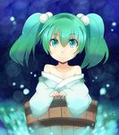  bad_id bad_pixiv_id bucket collarbone green_eyes green_hair hair_bobbles hair_ornament in_bucket in_container kisume long_sleeves nitorino off_shoulder short_hair smile solo touhou twintails wide_sleeves wooden_bucket 