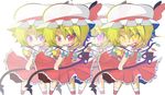  alternate_eye_color ascot blonde_hair clone fang flandre_scarlet four_of_a_kind_(touhou) glowing glowing_eyes hat hat_ribbon highres hiro_(hiro0529) laevatein looking_back multiple_girls open_mouth pink_eyes puffy_sleeves purple_eyes red_eyes ribbon short_sleeves touhou wings yellow_eyes 
