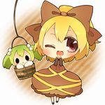  :&gt; bad_id bad_pixiv_id blonde_hair blush bow brown_eyes bucket green_hair hair_bobbles hair_bow hair_ornament in_bucket in_container kisume kurodani_yamame long_sleeves multiple_girls noramimi one_eye_closed open_mouth short_hair solid_circle_eyes touhou twintails wooden_bucket 