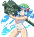  blue_eyes blue_hair blush breasts character_name covered_navel hair_bobbles hair_ornament holding kawashiro_nitori large_breasts looking_at_viewer one-piece_swimsuit rocket_launcher ruku_rx school_swimsuit smile solo swimsuit touhou two_side_up weapon white_swimsuit 