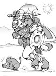  armor boar bovine female hooves horn mammal megan_giles melee_weapon monochrome nelena open_mouth pigtails plains porcine razorback solo sun taur tauren video_games warcraft world_of_warcraft 