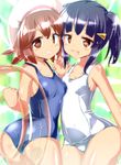  :d black_hair blue_swimsuit blush brown_eyes brown_hair grin holding innertube looking_at_viewer multiple_girls naka one-piece_swimsuit open_mouth original school_swimsuit shiny shiny_clothes shiny_hair smile swimsuit wet white_school_swimsuit white_swimsuit 