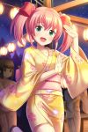  3girls alternative_girls aqua_eyes bangs blush bow collarbone festival floral_print hair_bow highres japanese_clothes kimono long_hair long_sleeves looking_at_viewer mano_sakurako multiple_girls night obi official_art open_mouth pink_hair red_bow sash smile twintails wide_sleeves yellow_kimono yukata 