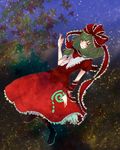  arm_ribbon bad_id bad_pixiv_id blush boots bow chiri_(o9o9) cross-laced_footwear dress dutch_angle frills front_ponytail green_hair hair_bow hair_ornament hair_ribbon kagiyama_hina large_bow leaf light_smile long_hair multicolored multicolored_eyes red_dress ribbon solo touhou 