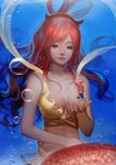  1girl ask_(askzy) bad_id bad_pixiv_id breasts bubble cleavage giantess hair_rings highres large_breasts long_hair mermaid monkey_d_luffy monster_girl one_piece pink_hair purple_eyes shirahoshi underwater 