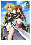  :d absurdres blonde_hair blush brown_hair cosplay elbow_gloves fate_testarossa fingerless_gloves gloves higa_yukari highres isis_eaglet isis_eaglet_(cosplay) lily_strosek lily_strosek_(cosplay) long_hair lyrical_nanoha magical_girl mahou_senki_lyrical_nanoha_force midriff multiple_girls official_art open_mouth perfume_grab purple_eyes red_eyes scan shorts side_ponytail single_thighhigh skirt smile takamachi_nanoha thighhighs very_long_hair vest 